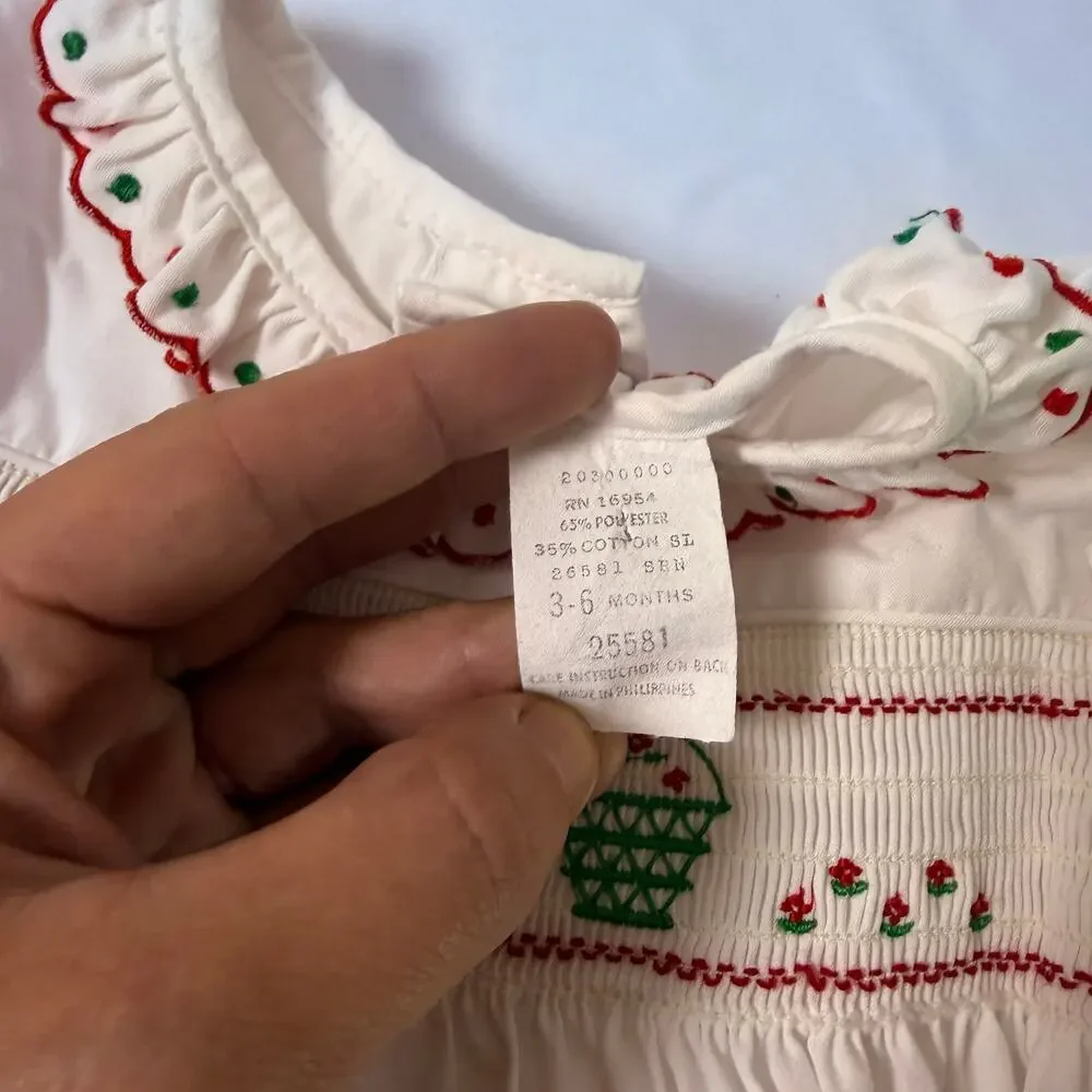 Vintage 80s Holiday Smocked Embroidered Peter Pan Collar White Christmas Dress